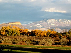 The Grand Valley, in the fall, with Mt. Garfield on the left and the Grand Mesa in the distance.